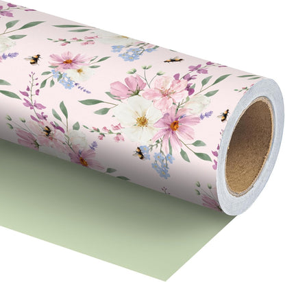WRAPLULU Pink Floral Wedding Wrapping Paper Roll - 17.5" * 26 Ft - Romantic Gift Wrap with Soft Pastel Flowers & Solid Backside, Perfect for Wedding, Birthday, Bridal Shower, Mother's Day, Spring