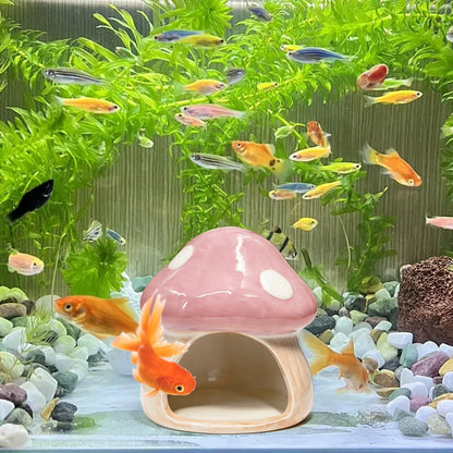 Betta Fish Tank Accessories, 4.33'' × 4.33'' Ceramic Mushroom House Aquarium Decor - Cute Pink Hideout Cave Ornament for Small Fish, Shrimp, Goldfish, Hamsters & Reptiles (Pink)