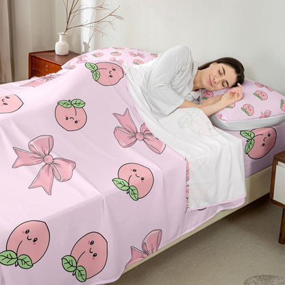 Erosebridal Bowknot Bed Sheets Set King Peach Sheet Set Cute Cartoon Peaches Kawaii Pink Bow Sheets Fruit Princess Ribbon Bowtie Flat Fitted Sheet