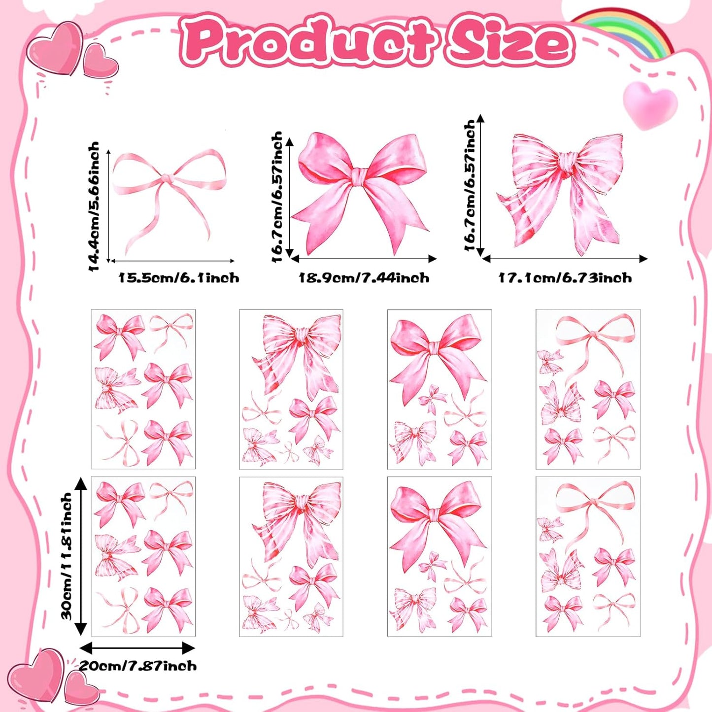 8Sheet/46PCS Pink Bow Wall Stickers, Bow Wall Decals for Bedroom and Bathroom, Bows Wallpaper for Valentine's Day Girls Party Home Bedroom Nursery