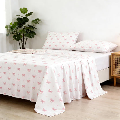 Pink Bow Sheet Set Full Size Heart Striped Fitted Sheet Set for Girls Kids Soft Microfiber Fitted Flat Sheets & Pillowcases - Princess Style Bowknot Stripes Bedding Sets 4 Pieces Cute Sweet Bed Set