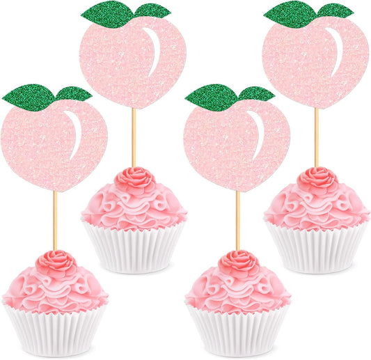 24PCS Glitter Pink Peach Cupcake Toppers Honey Peachs Cupcake Picks For Fruits Baby Shower Peach Theme Boys Girls Birthday Cupake Decoration Fruit Party Decorations