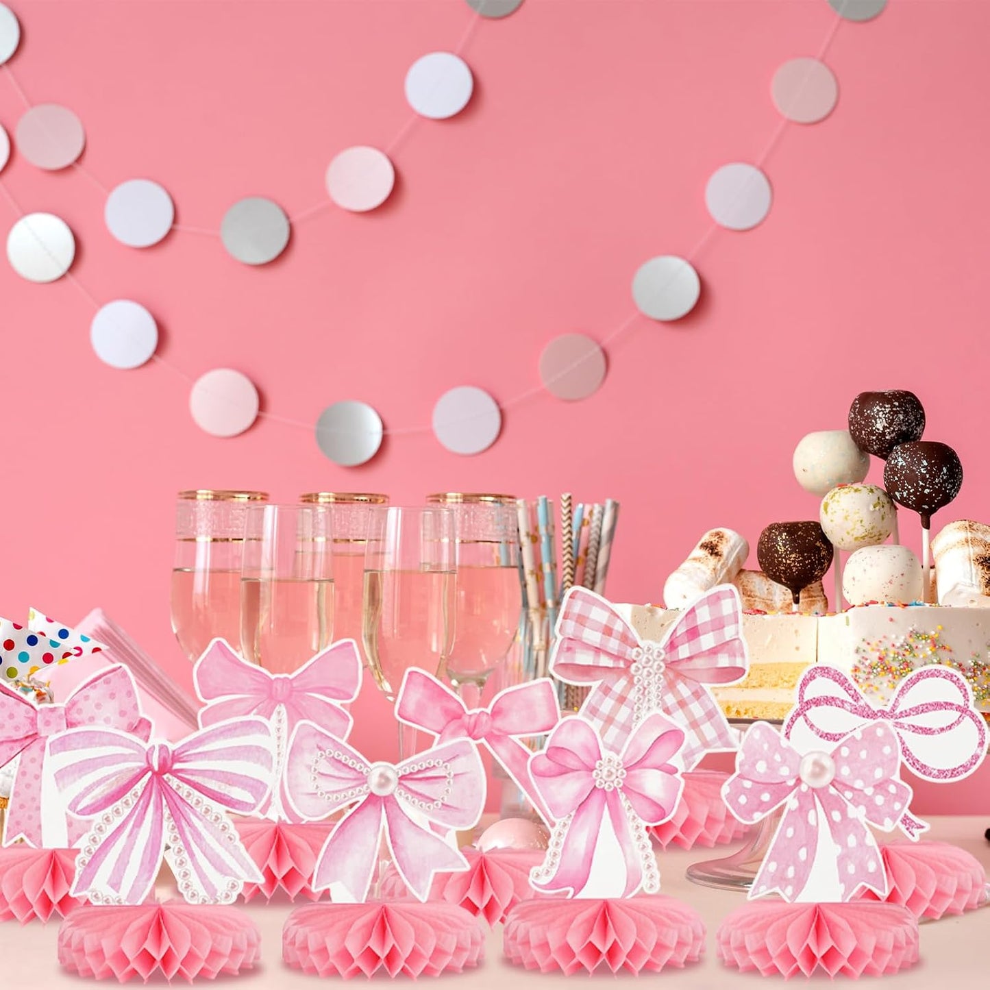 9Pcs Pink Bow Party Honeycomb Centerpieces Decorations, 3D Coquette Birthday Decorations, Pink Bow Table Decor for Birthday Bachelorette Bridal Party