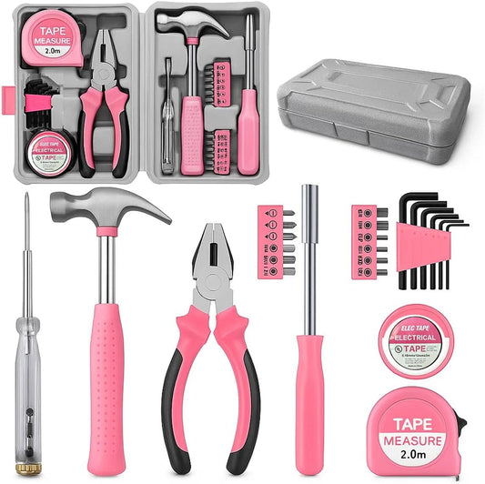 24 Pieces Pink Home Tool Set, mini Tool Box Basics Household Tool Kit Box for Men and Women DIY