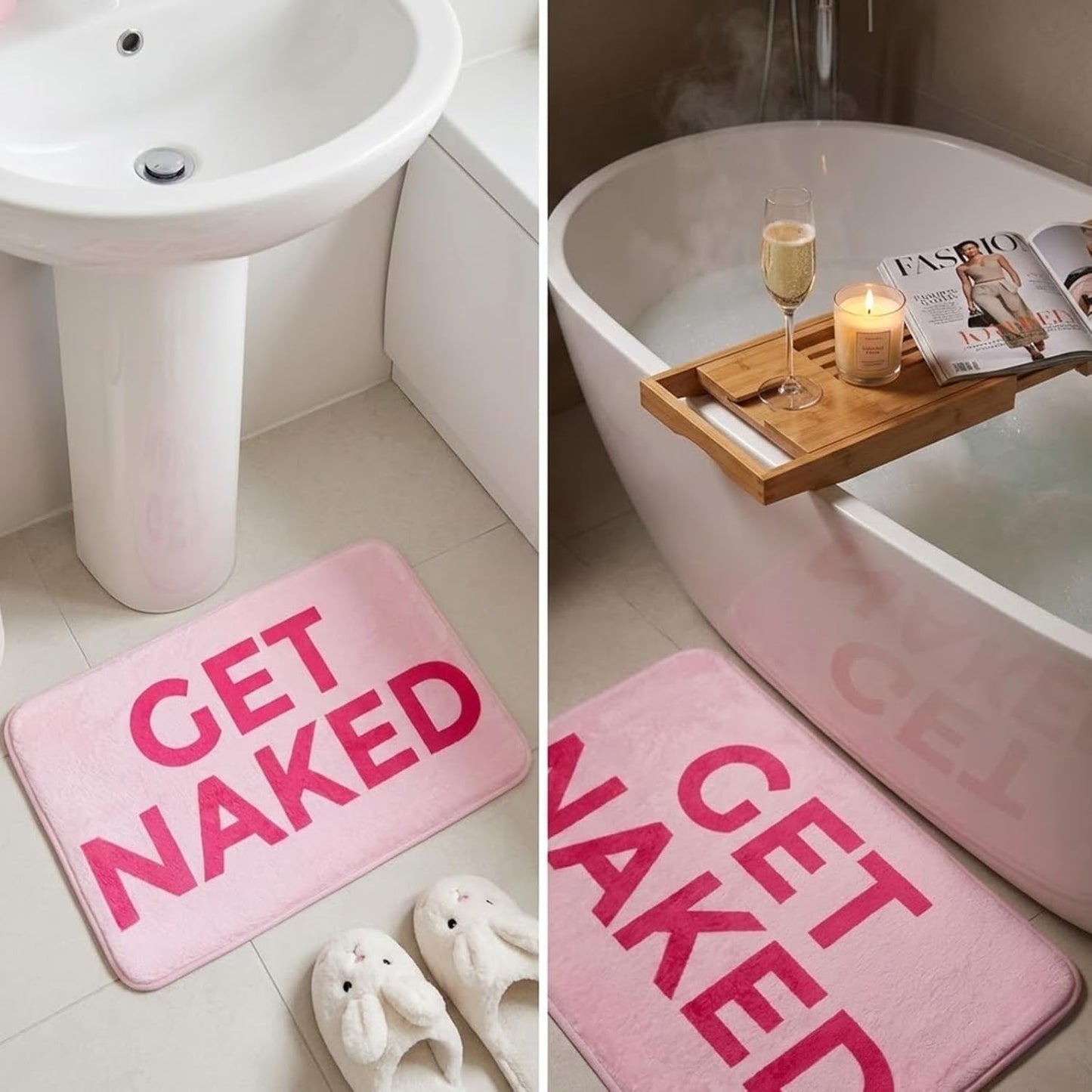 Pink Get Naked Memory Foam Bath Mat 16x24 Inch, Funny Bathroom Rugs, Cute Dorm, Apartment Decor, Soft Non Slip Absorbent Mats for Shower, Vanity
