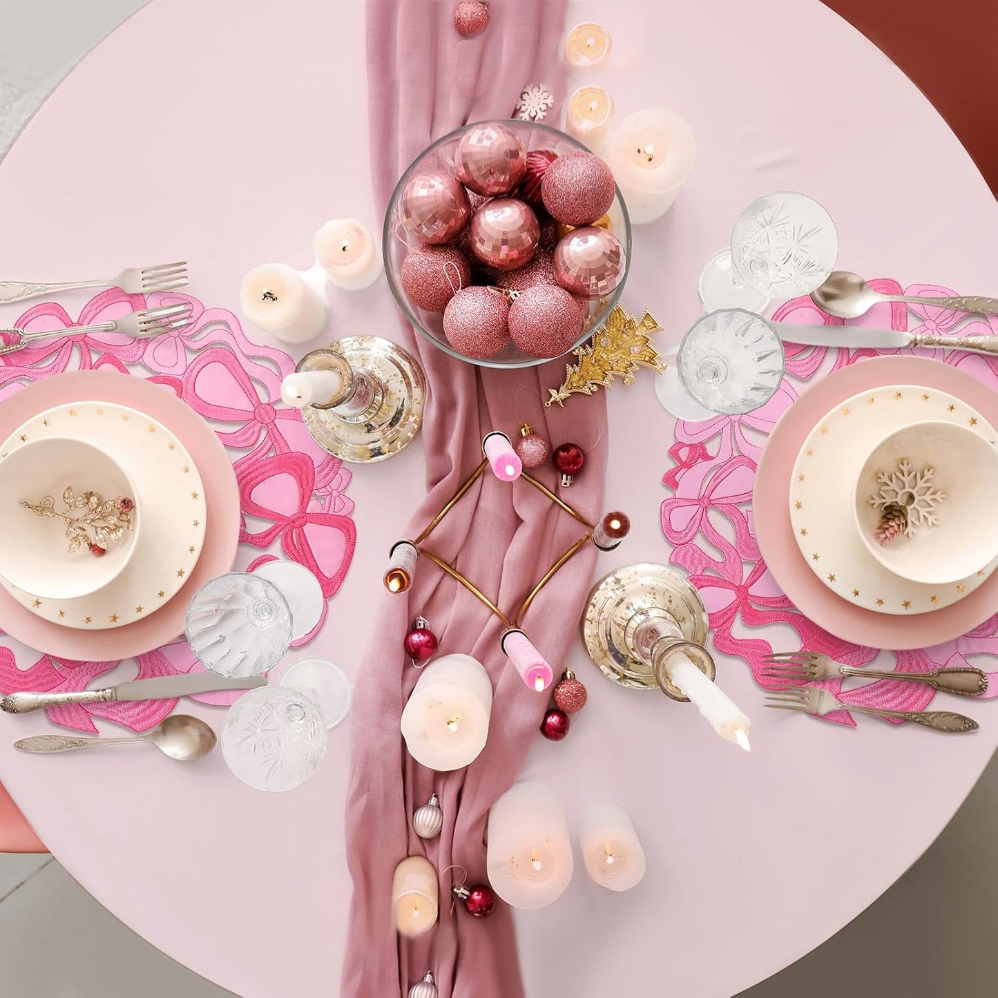 4 Pcs Pink Bow Placemats Coquette Embroidered Place Mats Pink Cotton Decorative Table Mats for Home Wedding Baby Shower Birthday Party Decor(Round Hollow)