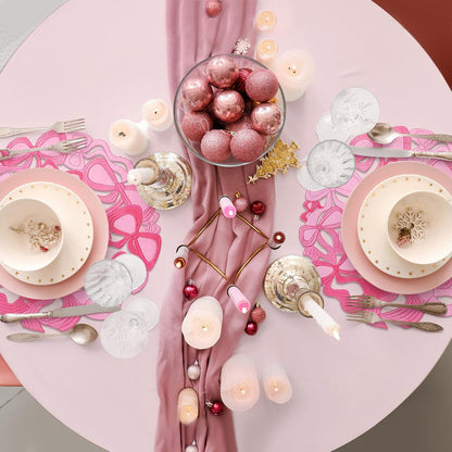 4 Pcs Pink Bow Placemats Coquette Embroidered Place Mats Pink Cotton Decorative Table Mats for Home Wedding Baby Shower Birthday Party Decor(Round Hollow)