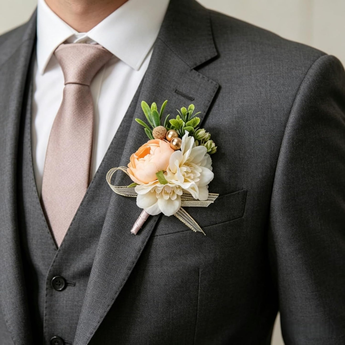 Corsage and Boutonniere Set for Prom Wedding, Peach Ivory Wrist Corsage Bracelet and Men Boutonniere Artificial Flower Set