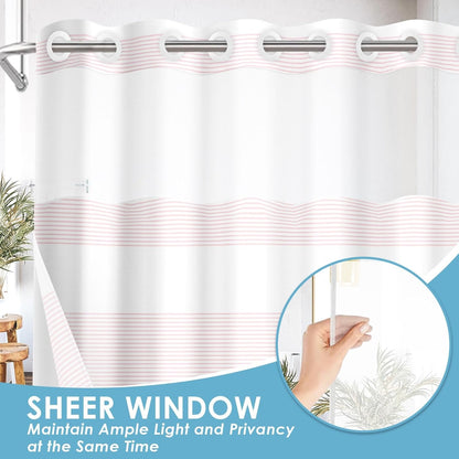 No Hook Pink Shower Curtain with Snap in Fabric Liner Set, Striped Modern Double Layers Waterproof Fabric with See Through Top Window Open Grommet Bath Curtain 71x74 Inch