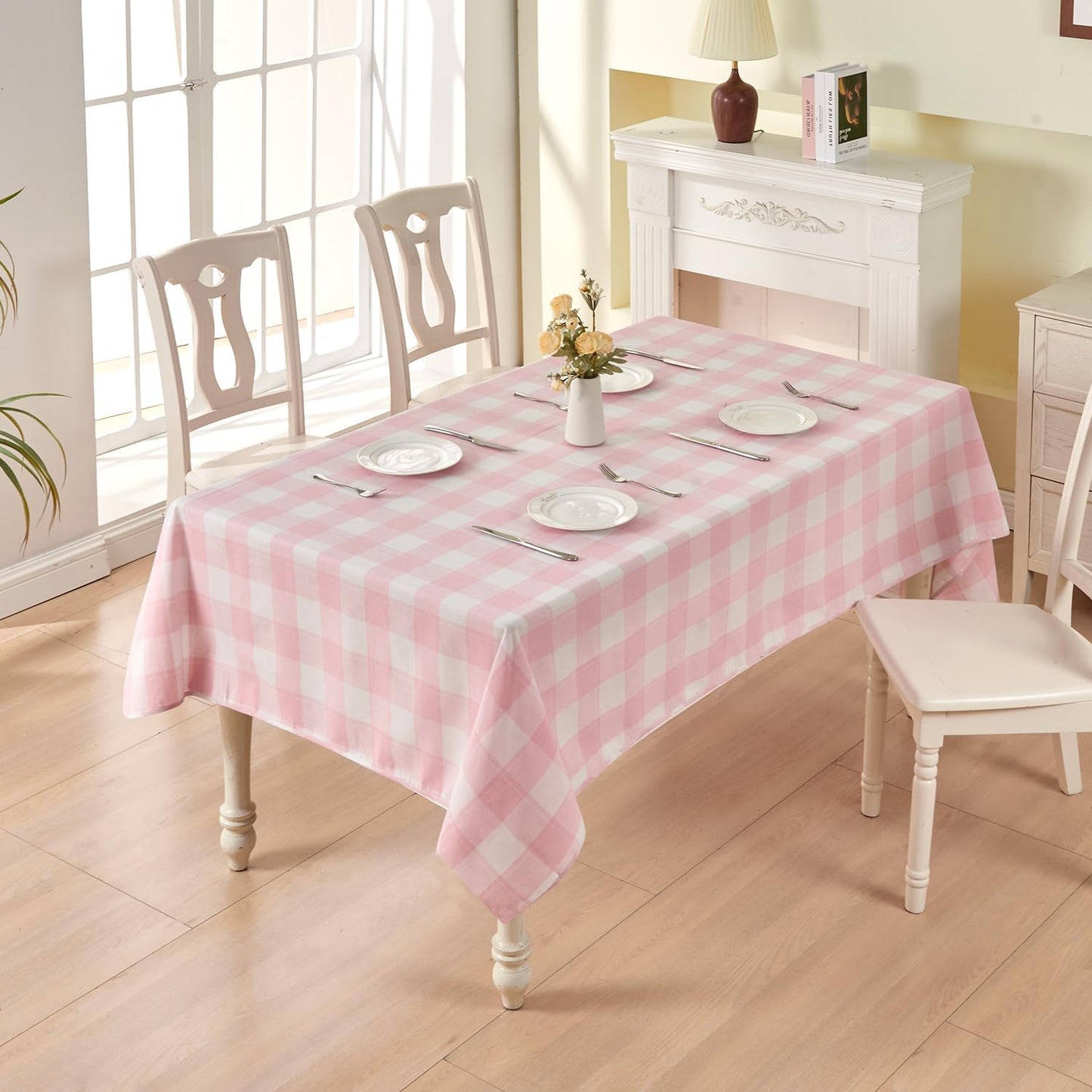 BALCONY & FALCON Rectangle Gingham Tablecloth – Water-Resistant Cotton Blend Washable Checkered Table Cloth for Easter, Spring Outdoor Picnic, Camping, Kitchen, Party Decor (Pink White, 55x71 Inch)