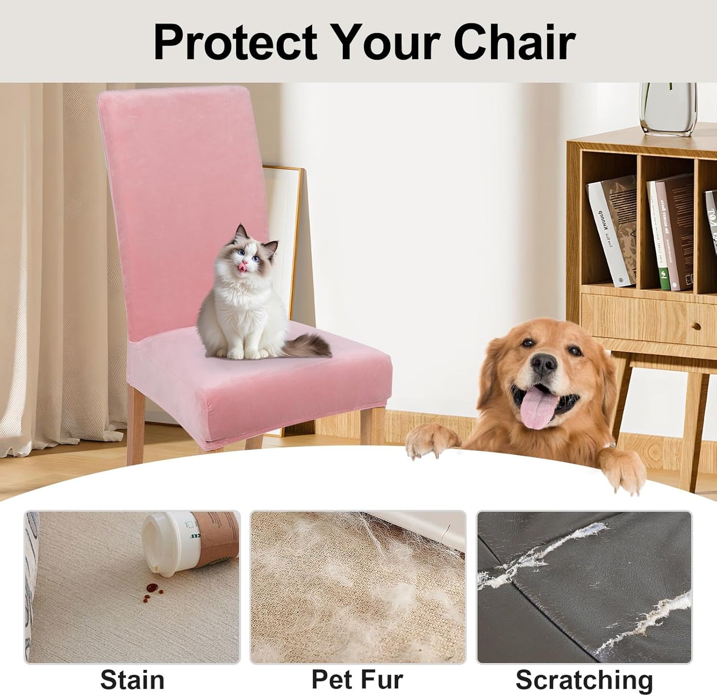 Smiry Velvet Stretch Chair Covers for Dining Room Set of 6, Soft Fit Removable Washable Kitchen Parsons Chair Slipcover Protector, Pink