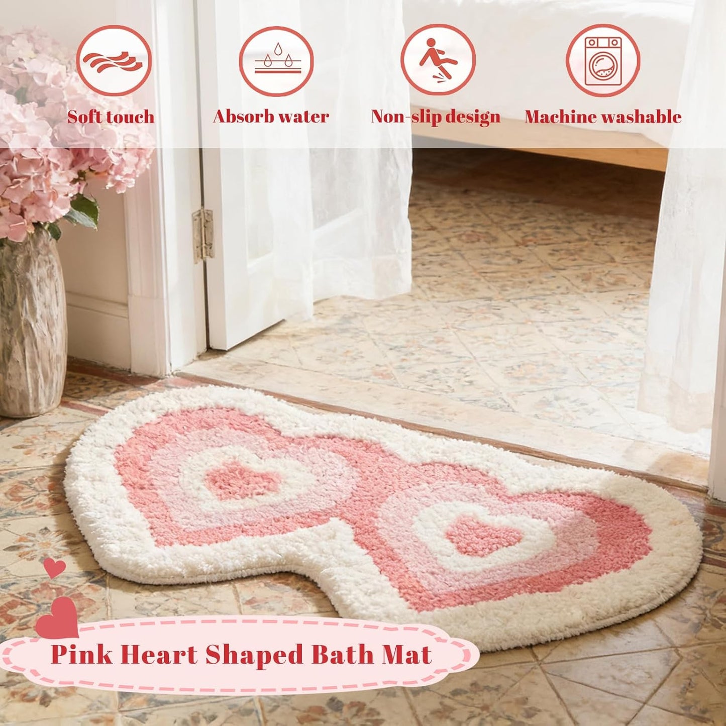 Pink Heart Shaped Bath Mat, Irregular Love Design Fluffy Bathroom Rug, Washable Absorbent Quick Dry Floor Carpet, Bath Mats for Bedroom Bathtub Living Room, Valentine's Day Gifts, 20*31 inches (Pink)
