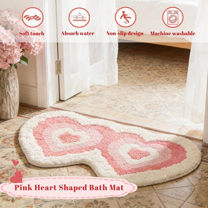 Pink Heart Shaped Bath Mat, Irregular Love Design Fluffy Bathroom Rug, Washable Absorbent Quick Dry Floor Carpet, Bath Mats for Bedroom Bathtub Living Room, Valentine's Day Gifts, 20*31 inches (Pink)