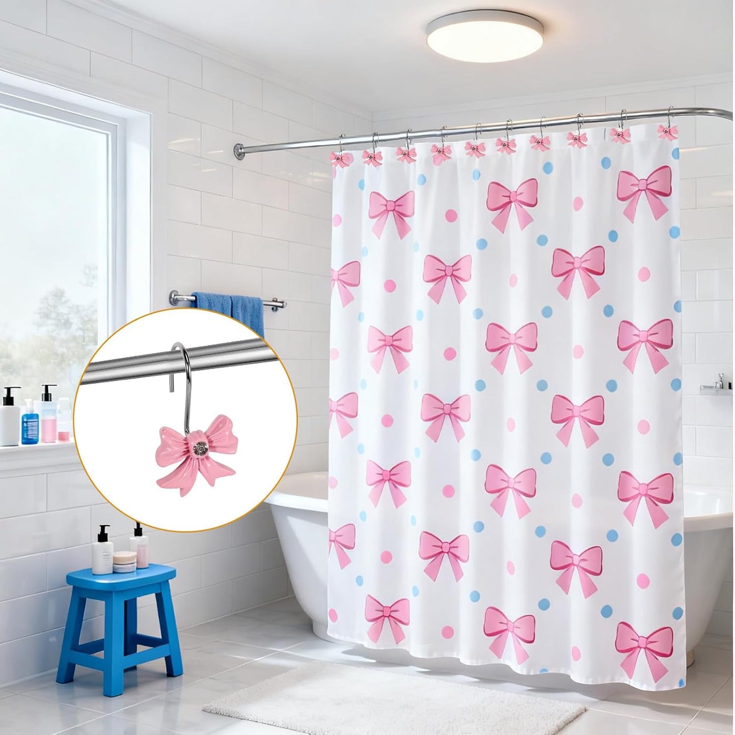 12 Pcs Bow Shower Curtain Hooks, Bow Design Resin Rustproof Bathroom Curtain Hook Decoration, Decorative Accessories for Shower Rings in Girls' Bathrooms (Pink)