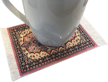 Set of 4 Carpet-Style Coasters – Pink Oriental Rug Design Drink mats with Fringe, Absorbent and Non-Slip for Coffee, Tea, Wine