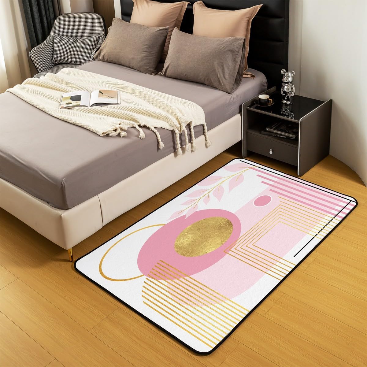 Erosebridal Pink and White Abstract Boho Area Rug 4'11" x 3'3" Minimalist Aesthetic Neutral Carpet Mid Century Modern Indoor Floor Mat Botanical Leaves Geometric Decorative Washable Rug