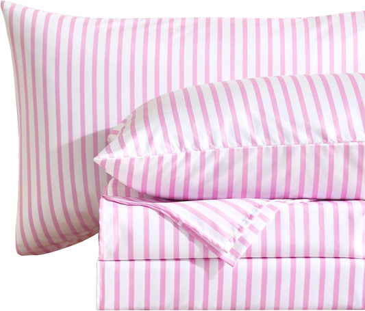 MCO 4Pieces Striped Sheets Set, Breathable Queen Sheet Set with 16" Deep Pocket,Modern & Luxury, Brushed Microfiber Bedding Set(Queen, Pink Simple)