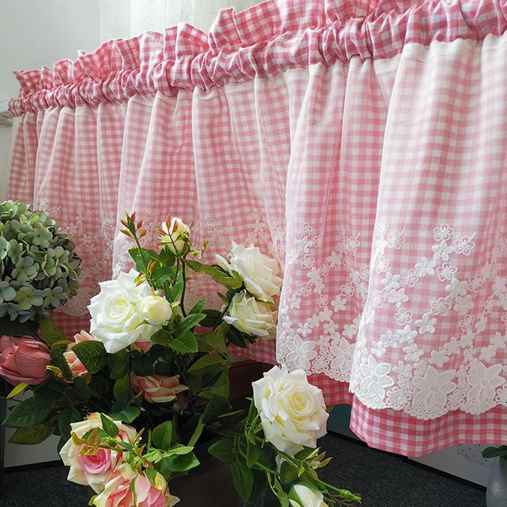 Pink and White Buffalo Check Plaid Window Valances Floral Lace Semi Sheer Kitchen Curtain Farmhouse Gingham Curtains Rod Pocket Valances for Living Room (Pink B,42"x18")