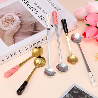 uxcell 4Pcs Stainless Steel Flower Spoons 7 Inch Cherry Blossom Shape Coffee Spoon Small Teaspoon Dessert Spoon for Espresso Sugar Cake, Pink Silver