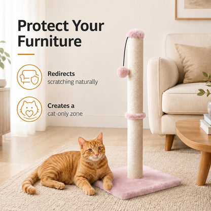 Dimaka Tall Cat Scratching Post, Claw Scratcher with Sisal Rope and Covered with Soft Smooth Plush, Vertical Scratch [Full Strectch] for Standard Size Cats (Pink, 29 inches for All Cats)