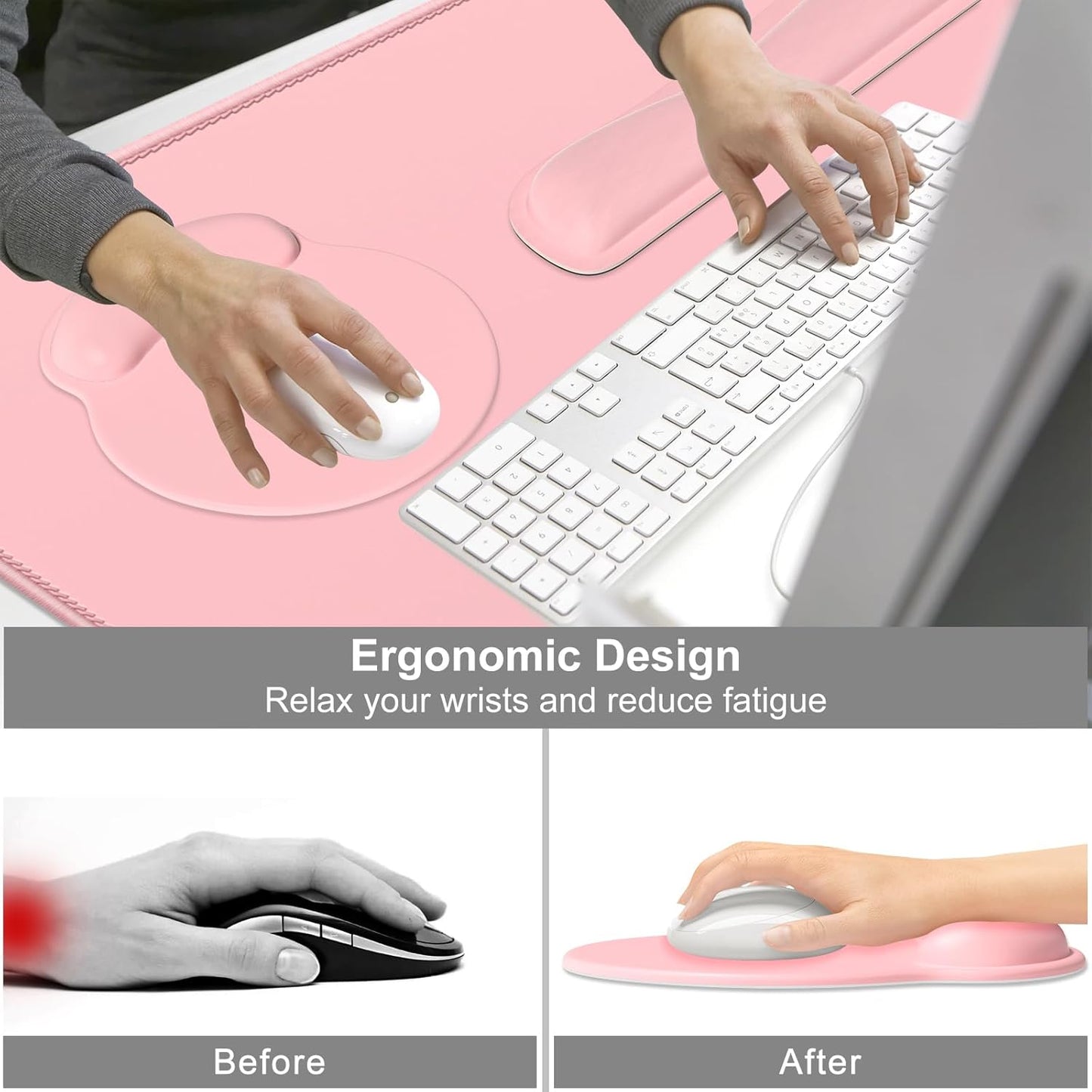 Dapesuom Large Gaming Mouse Pad, Pink Mouse Pads with Wrist Rest Wrist Support, 4in1 Big XXL Desk Mat Desk Pad + Ergonomic Mousepad + Memory Foam Keyboard Mat Wrist Rest + Coaster Set for Computer