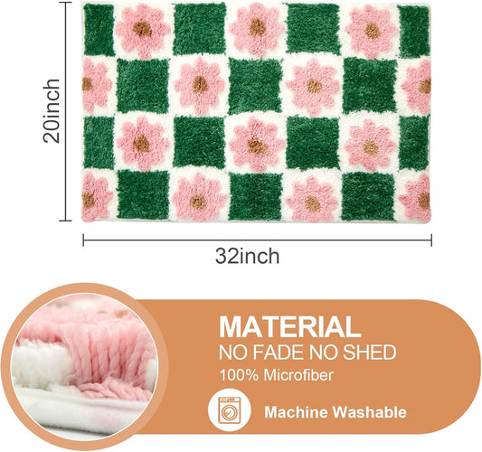 ORTIGIA Cute Green Bathroom Rug Checkered Pink Floral Bath Mat Soft Microfiber Non Slip Washable Absorbent Rugs for Laundry Sink Floor Decor, 20x32 inch
