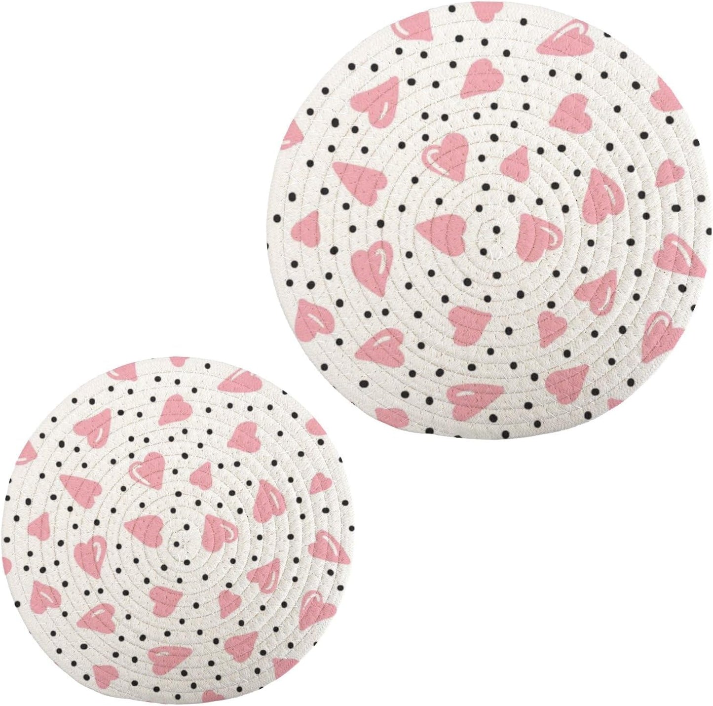 Cotton Trivets Mats Set of 2, Light Pink Heart Large Trivets Set for Hot Pots and Pans, Pot Holders Protector Kitchen Essentials for Cooking and Baking