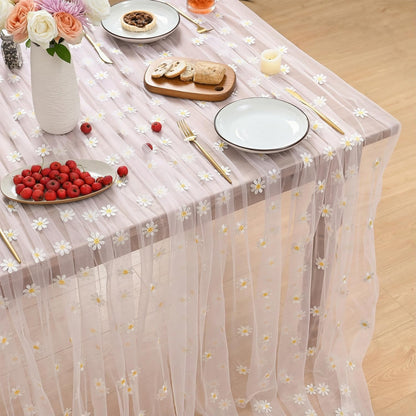 Horaldaily Pink Embroidery Daisy Spring Summer Gauze Tablecloth 60×84 Inch Rectangular, Seasonal Tulle Table Cover, Garden Party Decorations for Wedding, Party, Holiday Dining
