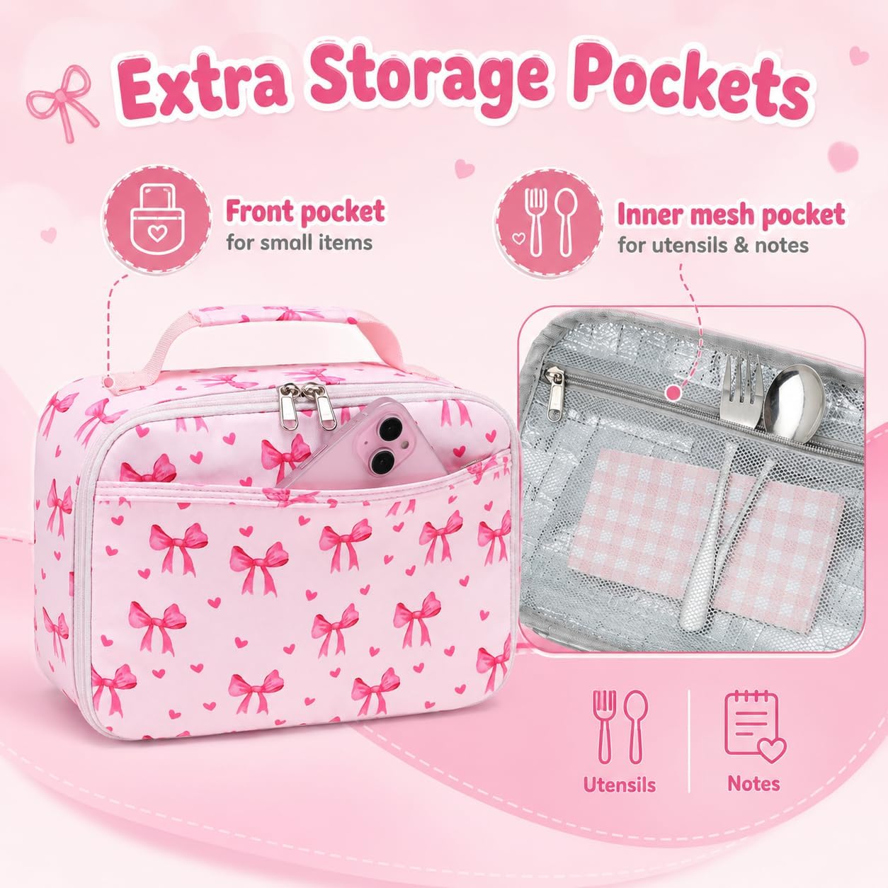 LOIDOU Lunch Box for Kids Boys Girls Insulated Lunch Bag Thermal Meal Tote Reusable Lunch Pail Bags for School Travel (Bow Tie Pink)