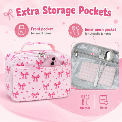 LOIDOU Lunch Box for Kids Boys Girls Insulated Lunch Bag Thermal Meal Tote Reusable Lunch Pail Bags for School Travel (Bow Tie Pink)