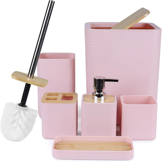 CERBIOR Bathroom Accessories Set 6 Piece Bamboo Bath Ensemble Includes Soap Dispenser, Toothbrush Holder, Toothbrush Cup, Soap Dish for Decorative Countertop and Housewarming Gift (Pink)