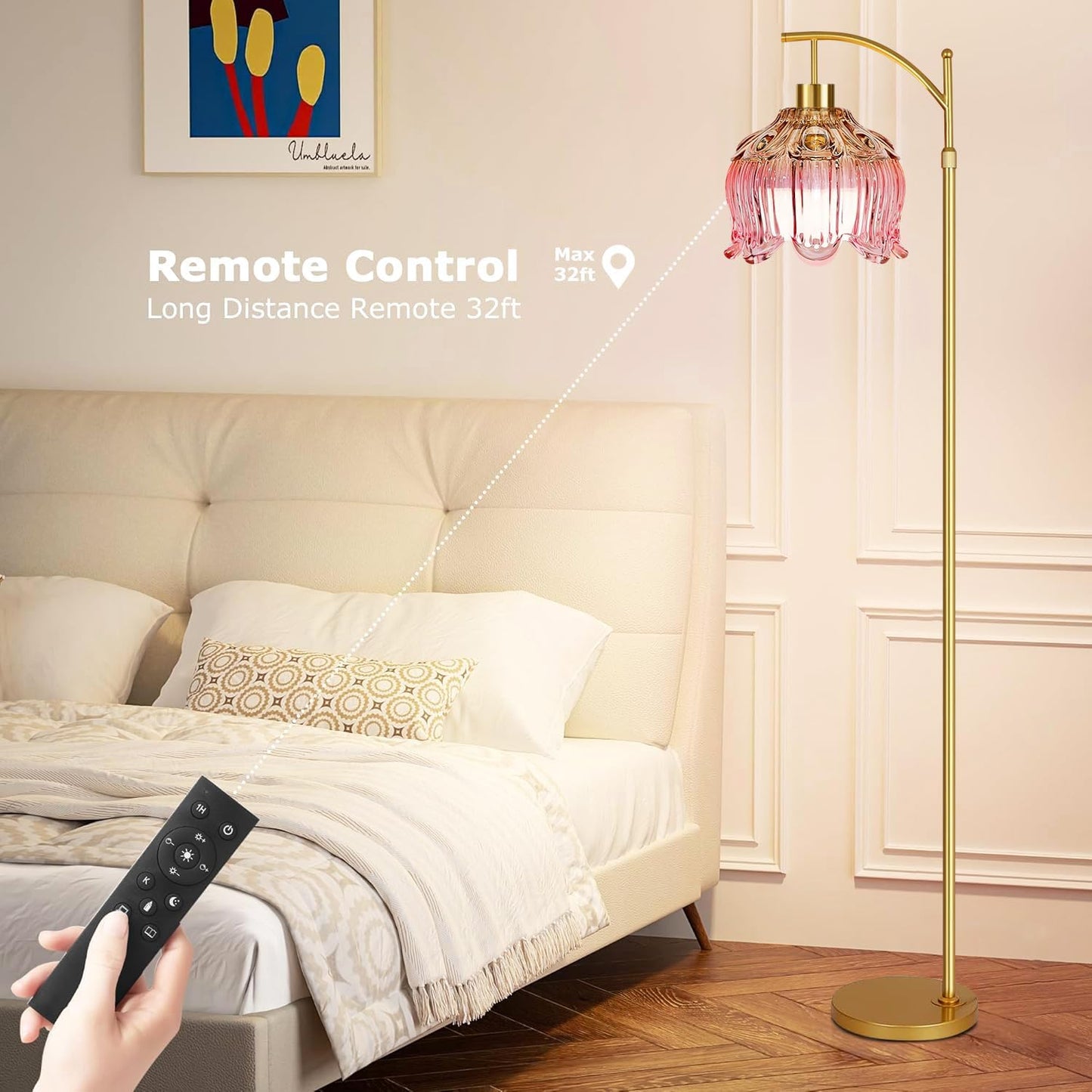 QIYIZM Pink Floor Lamp for Living Room,Bedroom,Gold Dimmable Standing Lamp with Remote,Mid Century Modern Brass Tall Lamp Boho Floor Lamps Arc Stained Glass Flower Floor Light Lamp Girls kids Bohemian