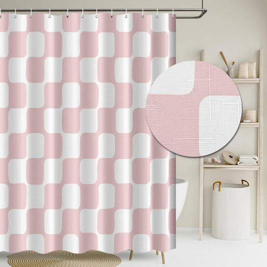Tititex Retro Checkerboard Grid Pattern 140gsm Faux Linen Fabric Shower Curtain, White Blush Pink Classical Groovy Wavy Checkered Shower Curtain Sets Decoration 72x72 Inch with Hooks
