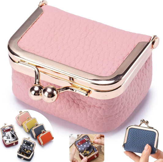 Genuine Leather Mini Jewelry Box - Vintage-Inspired Travel Jewelry Organizer with Kiss Lock, Compact Ring Box for Women, Perfect for Earrings, Rings, Necklaces, Bracelets - Ideal Gift for Her (Pink)