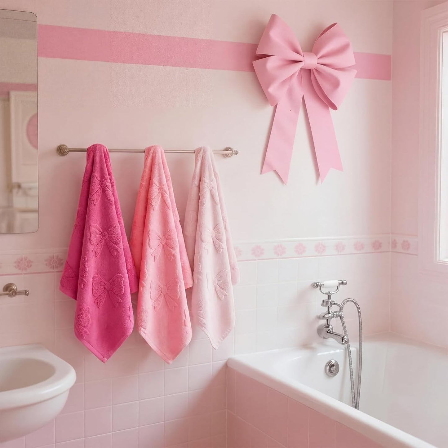 Lyrow 3 Pcs Pink Bow Hand Towels Set for Bathroom Coquette Bow Hand Towels 100% Cotton Absorbent Decorative Jacquard Weave Washcloths Bath Decor Preppy Bathroom Decor Gift, 13.7 x 29.5 Inch
