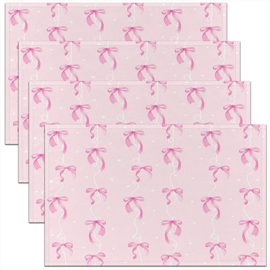 jejeloiu Girls Pink Bow Placemats Set of 4 Girly Cute Bowknot Table Mats Dreamy Princess Style Bow Place Mat for Kitchen Dining Table Party Decor Indoor Outdoor 18"x12" Easy to Clean Kawaii Pink