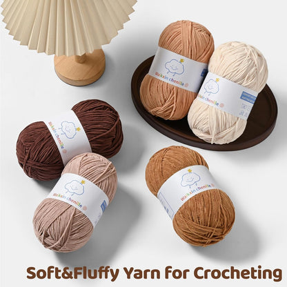 Fluffy Chenille Yarn for Crocheting, Baby Yarn for Crocheting Soft, 4 Pack of 100g/3.52oz Velvet Amigurumi Yarn, Fingering Weight Yarns for Crocheting Baby Blankets、DIY Craft.(4 Pink)