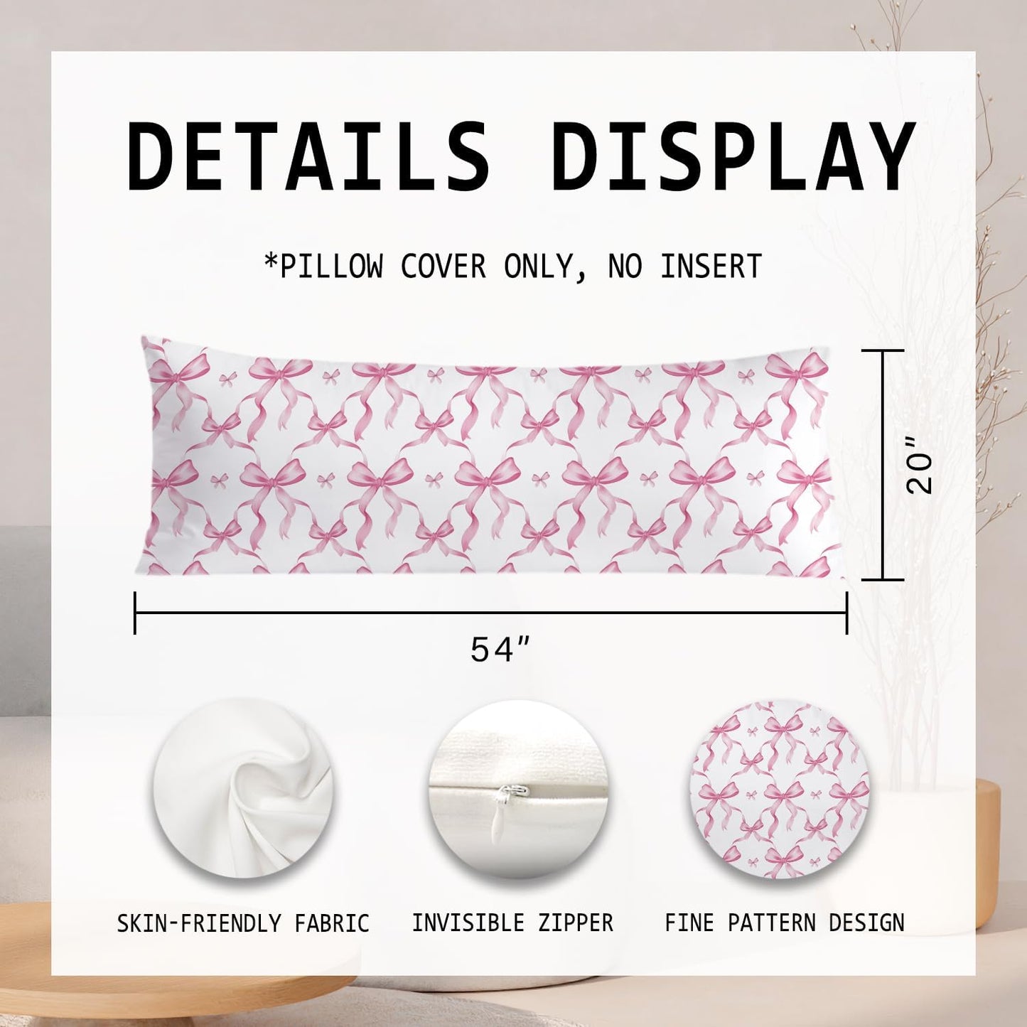 Coquette Pink Bow 20x54 Body Pillow Cover, Coquette Preppy Room Dorm Decor, Girly Room Decor Aesthetic, Pink Ribbon Decorative Long Body Pillow Cases for Bed Couch