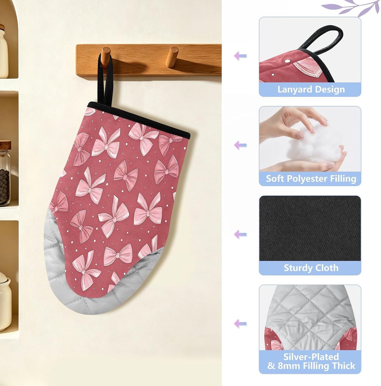 Red Pink Bows Non-Slip Oven Mitts Set Heat Resistant Kitchen Gloves with Quilted Liner Cotton Machine Washable with Hanging Loop for Baking Grilling BBQ