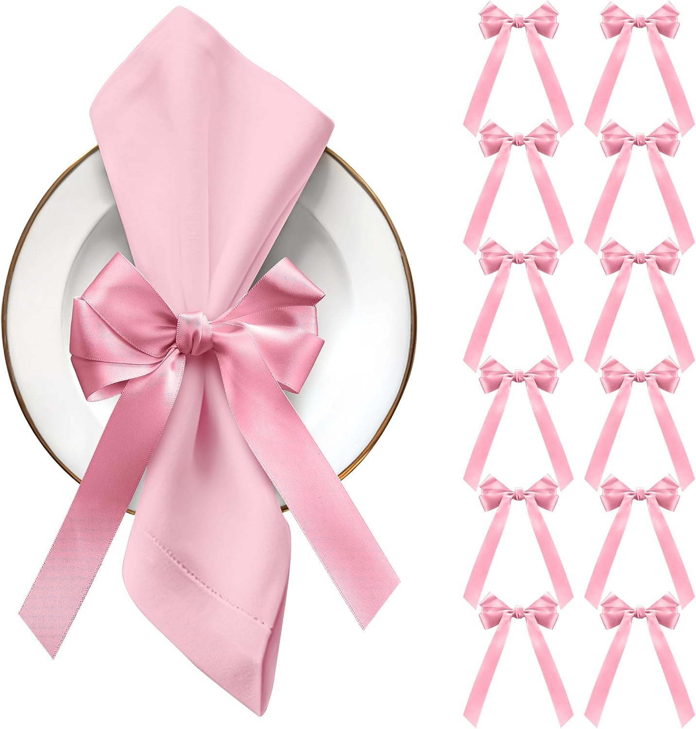 Bow Napkin Rings Set of 12 Pink Ribbon Candlestick Decor Charms Coquette Bow for Wine Glasses Ribbon Gift Rings Bulk for Candle Holder Wedding Birthday Party Bridal Shower Wrapping