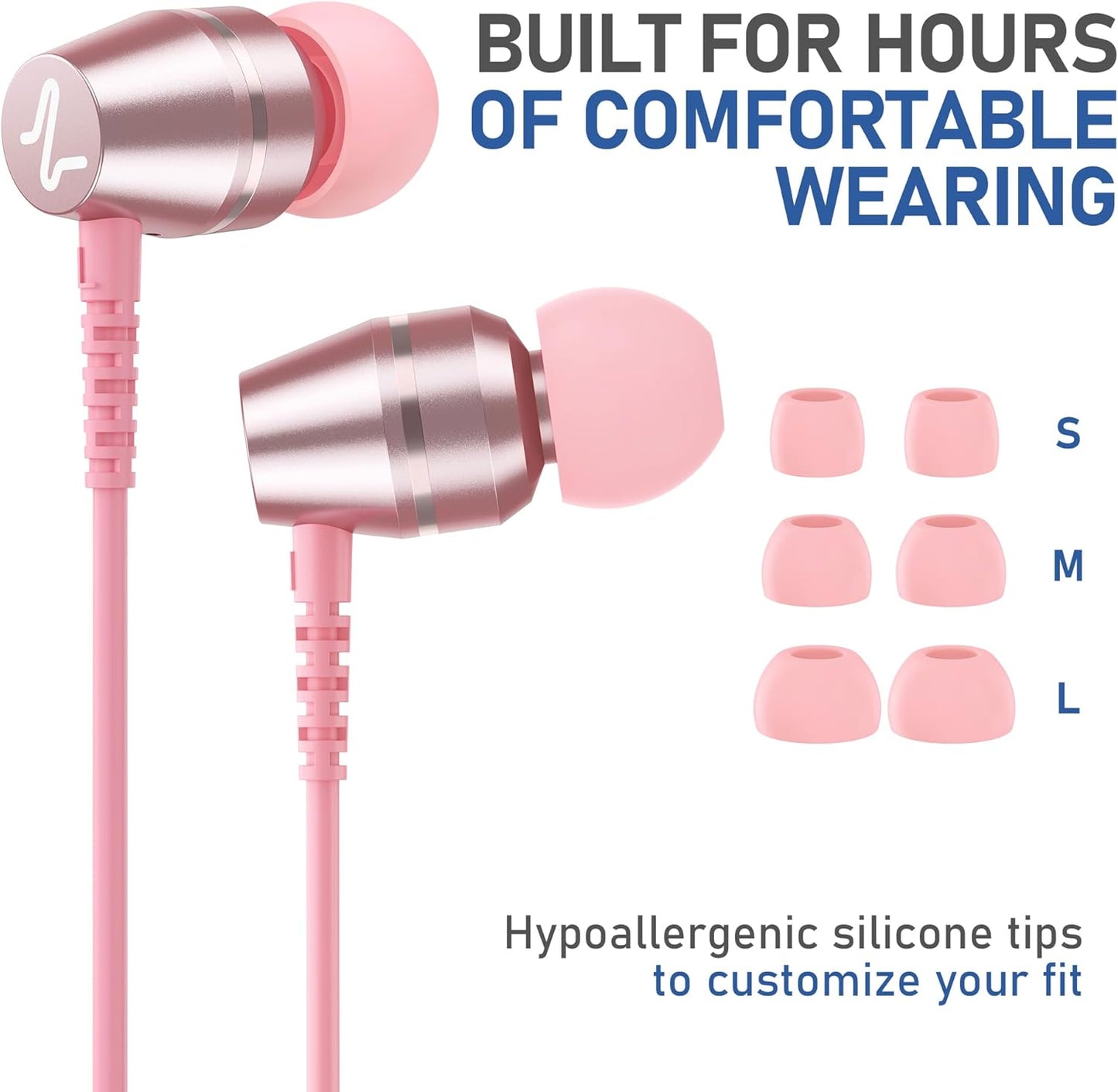 LUDOS OMNITONE Wired Earbuds in-Ear Headphones, 5 Year Warranty, Earphones with Microphone, 3.5 mm Jack Corded Ear Buds, Videoconference for iPhone, Samsung, Laptop, Kids, School Students - Pink