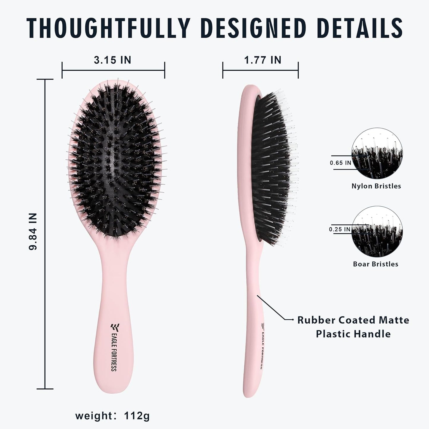EAGLE FORTRESS Boar Bristle Hair Brush for Women, Men & Kids, Detangling Hair Brushes for Thick, Thinning, Dry or Wet Hair with Nylon Pins, Smooth & Shine Hair Brush for Extensions – Pink