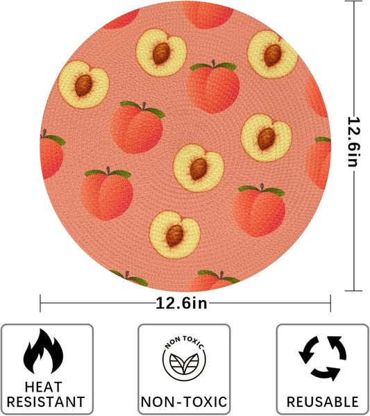 Peach Pit Pattern Table Mats Set of 4 Circle 12.6" Reusable Round Dish Mats for Wedding Circular Placemats for Kitchen Holiday Braided Place Mats Home Party Dining Decor Protected Table