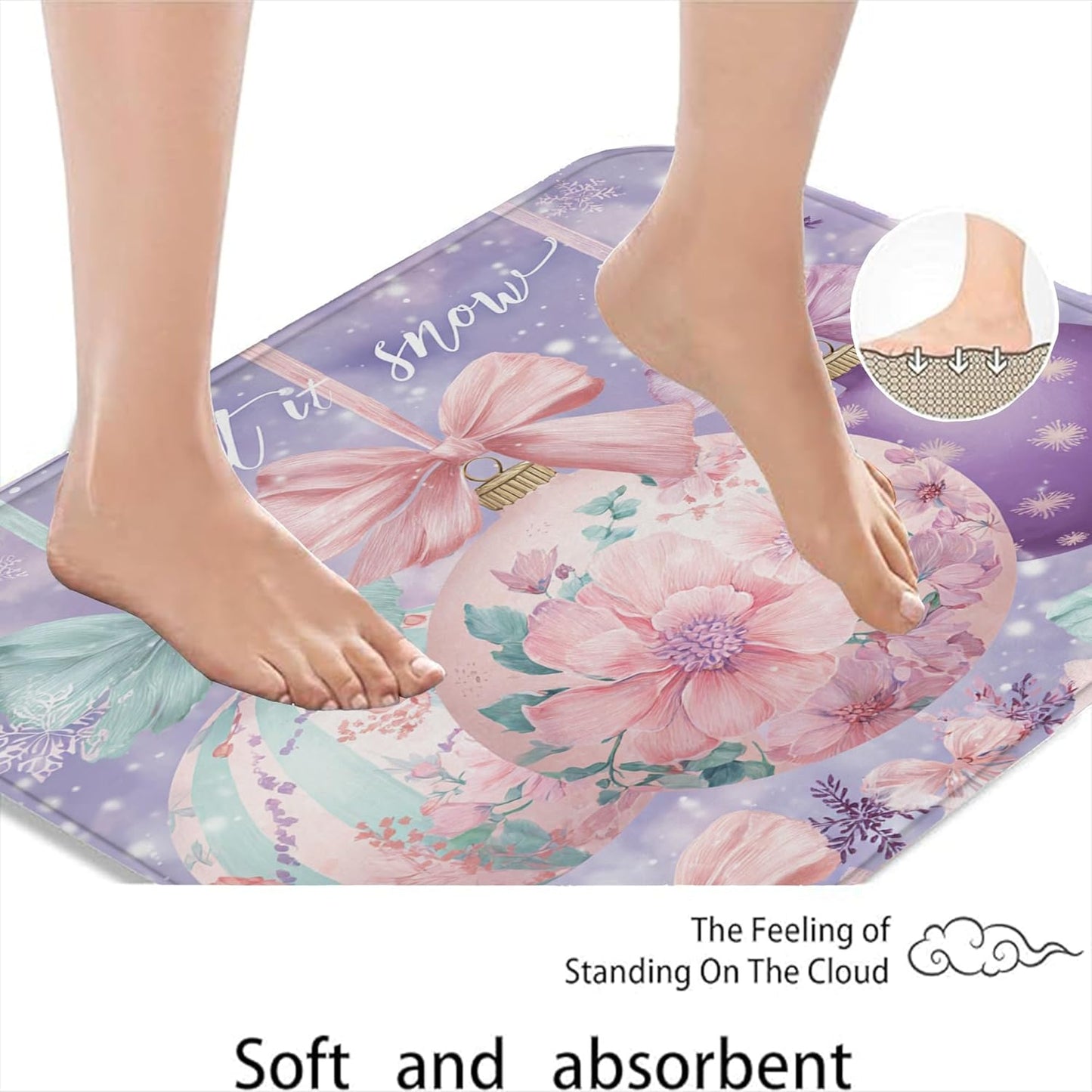 Floral Quick Dry Bath Mat, Pastel Peach Flowers Botanical Absorbent Non Slip Shower Mat, Spring Decorative Flannel Washable Bath Rugs for Bathroom Toilet Restroom 20x32 Inch