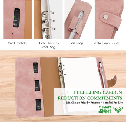 FYY A5 Binder Refillable Planner Notebook 6 Ring PU Leather Binder Journal with Pockets, Dividers, Refill Paper Pink