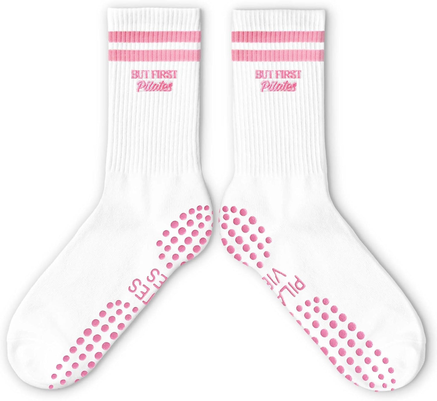 Cute Pilates Socks, Pink Crew Grippy Socks for Studio Reformer Workout Style