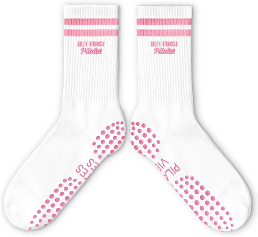 Cute Pilates Socks, Pink Crew Grippy Socks for Studio Reformer Workout Style