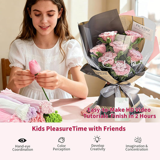 500 Pcs Pipe Cleaner Flower Kit, Pink Rose Pipe Cleaner Flowers with Chenille Stems, Wrapping Paper and Ribbon, DIY Arts and Crafts Gift for Girls