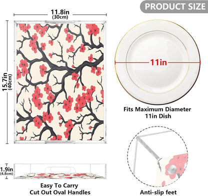 Pink Peach Flowers Acrylic Serving Tray with Handles,Clear Serving Tray Decorative Organiser for Ottoman, Kitchen, Bedroom Decorative 12x16 Inches