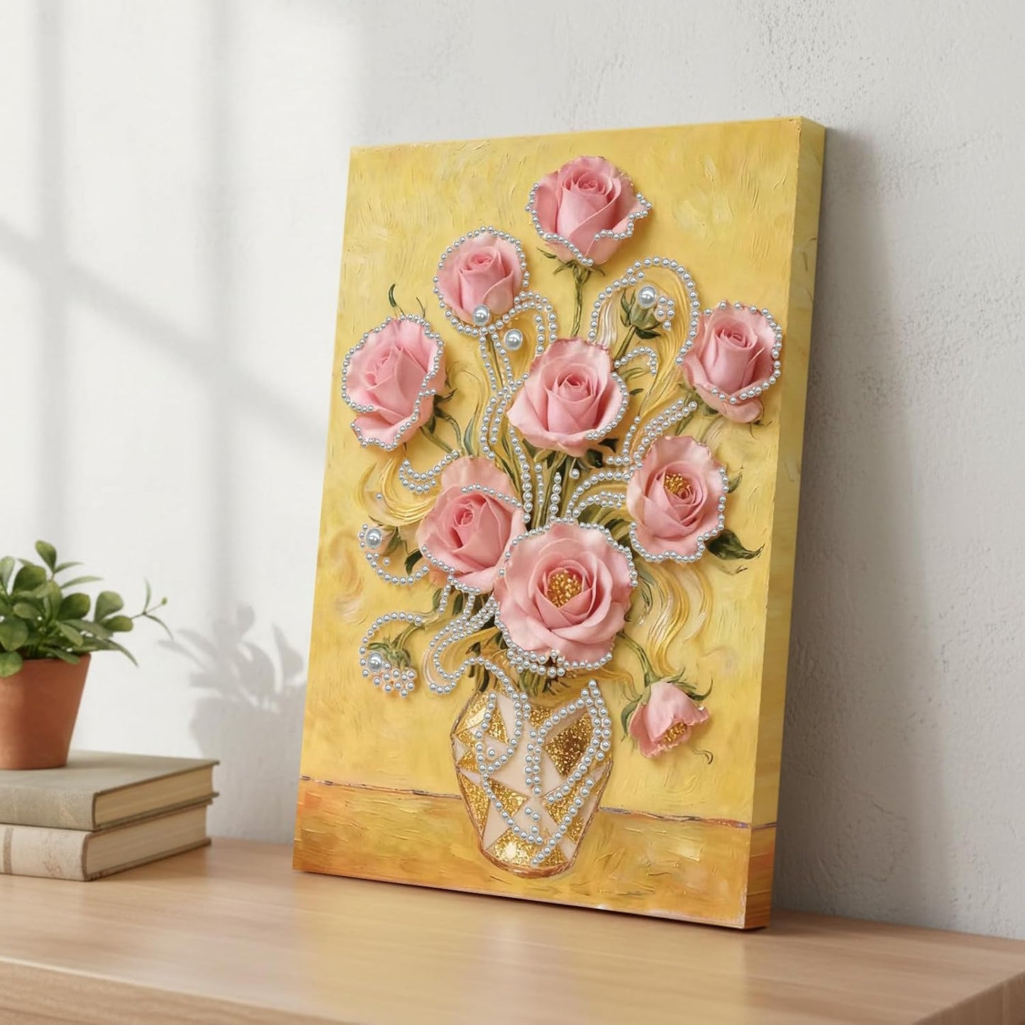 LQCrafK DIY Pearl Art Painting Handcraft Kit for Adults Beginners, Creative Design, Healing Stress-Relieving Home Wall Decoration, with Framed Painting and Tools-Pink Rose
